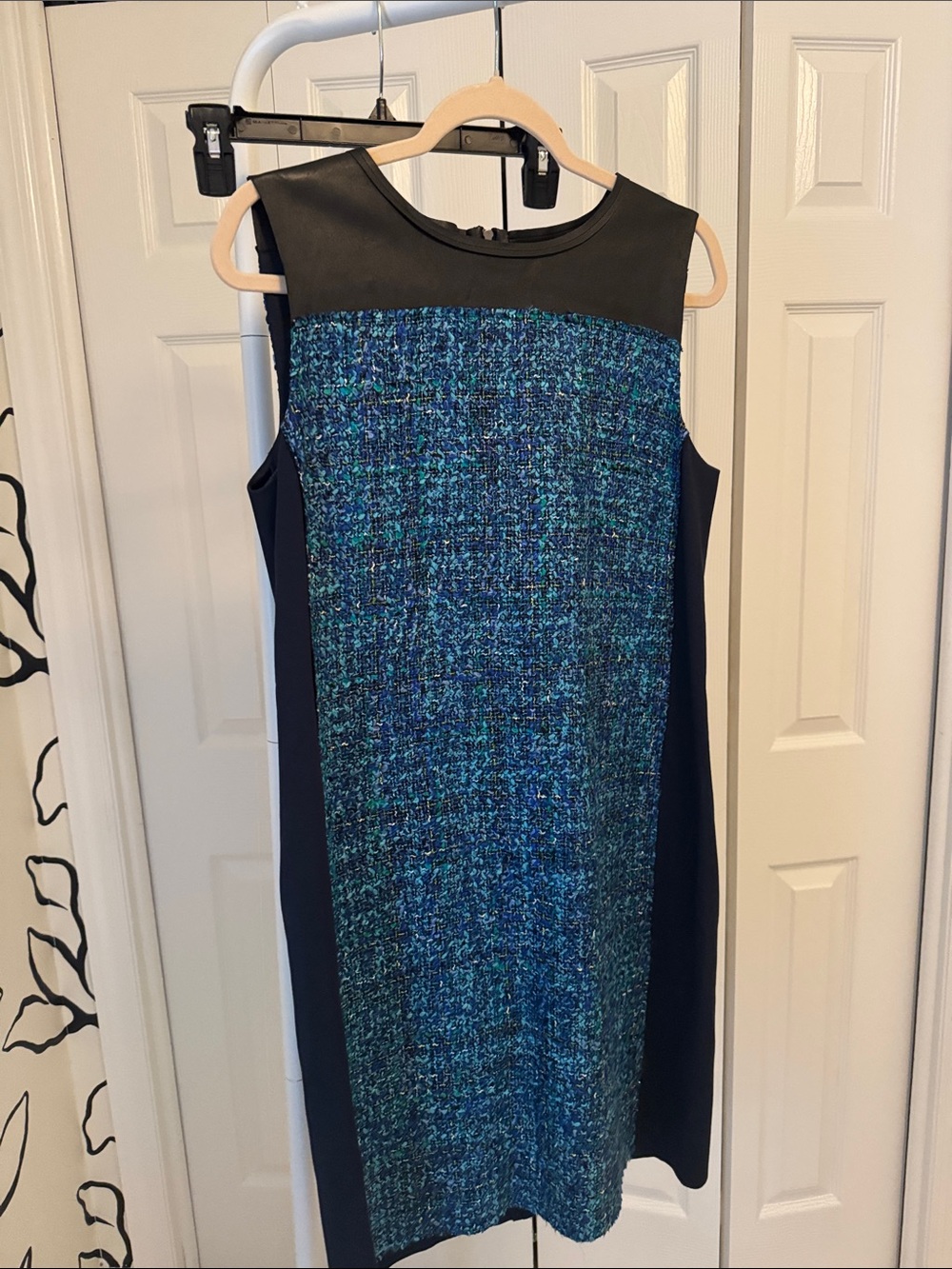 Elie Tahari Blue Tweed & Navy Sheath Dress with Black Yoke